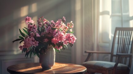 Pink flowers in vase on wooden table next to chair