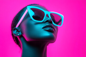 Stylish Woman in Neon Teal Eyewear with Solid Neon Pink Background Bold Fashion Portrait © Blockbits