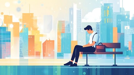 Obraz premium Businessman Sitting on Bench in Cityscape with Colorful Buildings