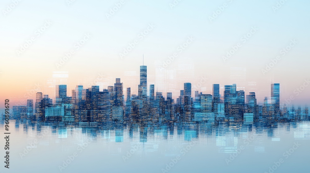 Poster a futuristic cityscape merging skyscrapers with translucent data grids