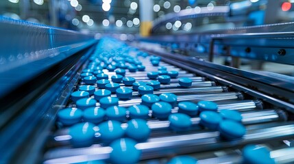 Blue Pills Moving Along a Conveyor Belt in a Pharmaceutical Factory