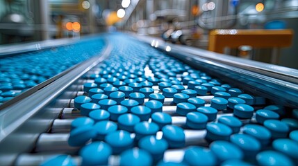 Obraz premium Blue Pills Moving on a Conveyor Belt in a Pharmaceutical Factory