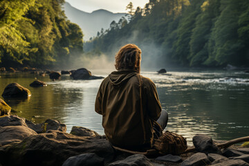 A person sitting by a river, their thoughts flowing freely like the water. Concept of natural meditation and mental clarity. Generative Ai.