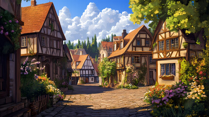 Naklejka premium Quaint medieval town with cobblestone streets and charming houses. fantasy world setting. Medieval Village. Illustration