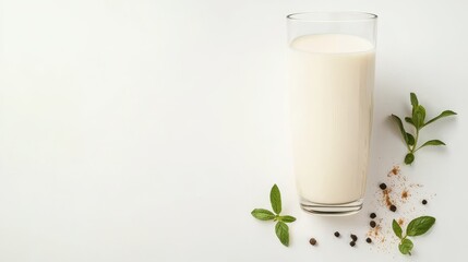 Glass of Milk with Mint and Spices on White Background