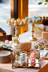 candy bar, Delicious dessert table, macaroons decorated, Delicious wedding, colorful topping, Bakery sweet, holiday. Birthday, wedding,