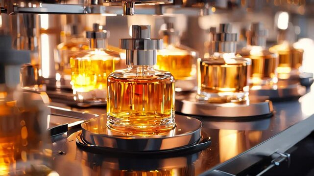several bottles with golden liquid on the production line in a perfume factory