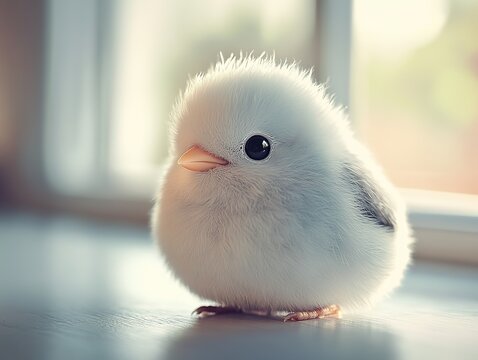 Charming Little White Bird Close-Up, Fluffy and Cuddly, Adorable Black Eyes, Perched on Table. High-Definition Cute Bird Photography with Super Detail and Cute Background.