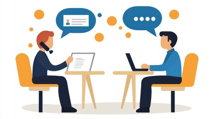 Business Meeting Illustration with Laptop and Phone Call