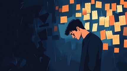 Man Overwhelmed by To Do List on Sticky Notes