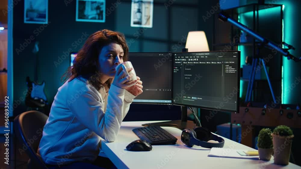 Poster portrait of smiling it specialist drinking coffee while looking for company security vulnerabilities