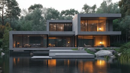 Modern Concrete House with Pond and Forest Surroundings