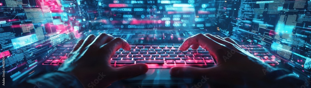 Poster futuristic hands typing on a keyboard amidst vibrant digital patterns, symbolizing technology and in