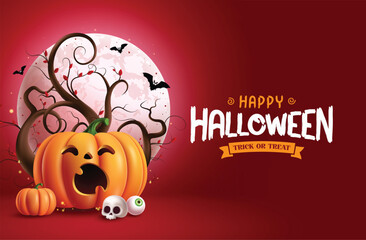 Happy halloween text vector design. Halloween trick or treat greeting text in spooky red background with cute pumpkin yawning, moon, trees, bats, eye ball and skull elements. Vector illustration 