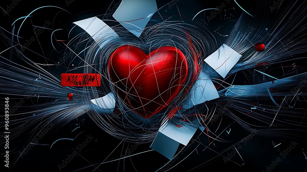 Poster surreal manipulation of heart and warning signs in abstract doodle style with panini projection and 