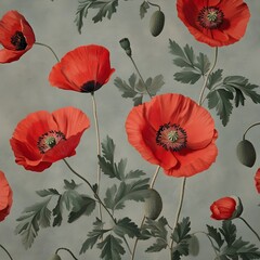 Bold and Vibrant Red Poppies Blooming Amidst Lush Green Leaves in a Muted Gray Floral Wallpaper Design Capturing a Sense of Timeless Elegance and Tranquility
