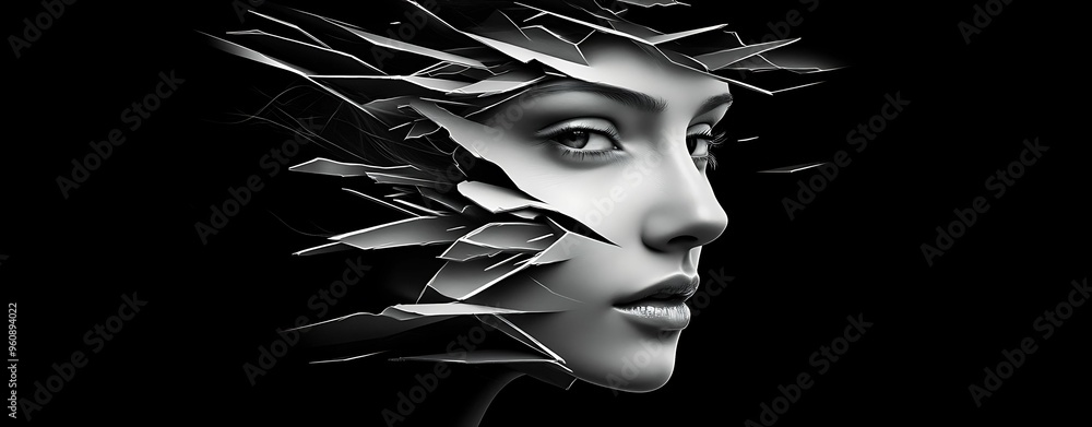 Poster fragmented memories: nostalgic abstract face dissolving into emptiness