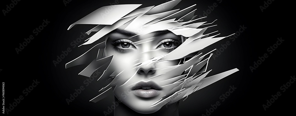 Poster fragmented face dissolving into abstract shapes - nostalgic emptiness in dark monochrome realistic p