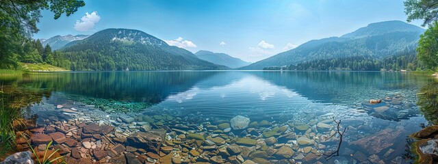 Mountain Lake with Crystal Clear Water and Rocky Bottom