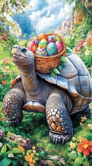 Fototapeta premium Tortoise Carrying a Basket of Colorful Easter Eggs in a Vibrant Spring Garden with Bright Flowers and Lush Greenery