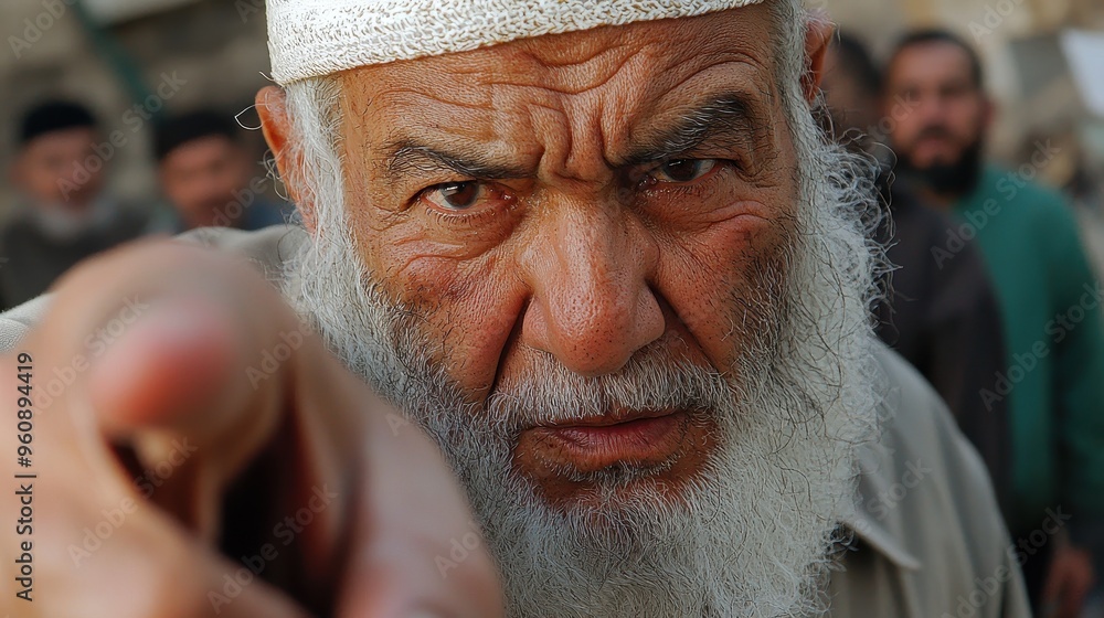 Wall mural close up portrait of middle eastern man with grey beard pointing finger