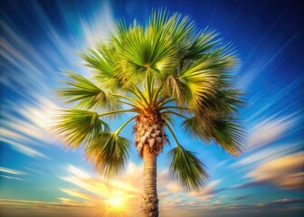 whimsical summer afternoon sabal palm tree scene with soft warm light and blurred motion of palm fronds against clear blue sky