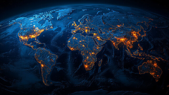 Global view of Earth illuminated at night showing city lights, representing population density and urban development
