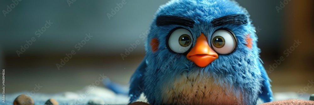 Poster charming blue plush toy featuring an irate bird designed with soft and delightful expressions.