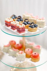 delicious dessert eclairs, Sweet cupcakes, Colorful macaroons, Bakery sweet, banquet table, holiday. Birthday, wedding, strawberry cake, donuts, tart, chocolate cake slice