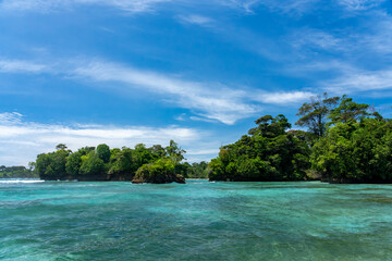 Clear Blue Water and Scenic Tropical Beach Surrounded by Palm Trees and Lush Nature - A Serene Island Paradise Offering Eco-Tourism and Adventure Travel in a Remote, Unspoiled Caribbean Destination