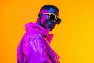 Obraz premium Stylish Men in Neon Purple Jacket with Solid Neon Yellow Background Modern Portrait
