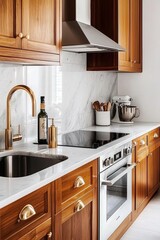Minimalist kitchen with dark wood cabinetry and a contrasting subway tile backsplash in a deep forest green