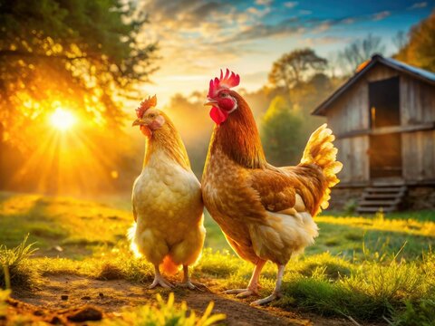 golden morning rustic farmyard chicken broiler duo warm sunlight