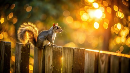 Warm sunset casting a long shadow of a squirrel's silhouette on a rustic wooden fence, with golden hour glow, soft bokeh, and earthy tone, exuding coziness and nostalgia.