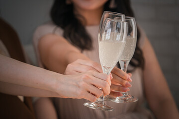 シャンパングラスを持って乾杯する女性達・同僚・女友達・ママ友
