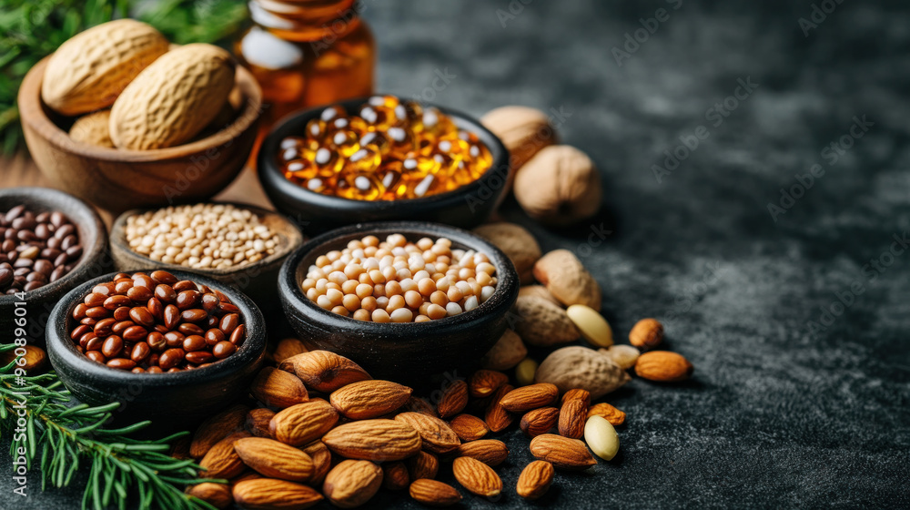 Poster a variety of nuts and seeds are displayed in bowls on a dark surface. the bowls are arranged in a wa