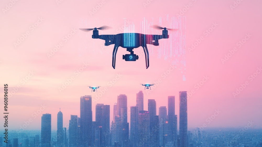 Poster a futuristic city skyline with ai drones analyzing big data in real-time