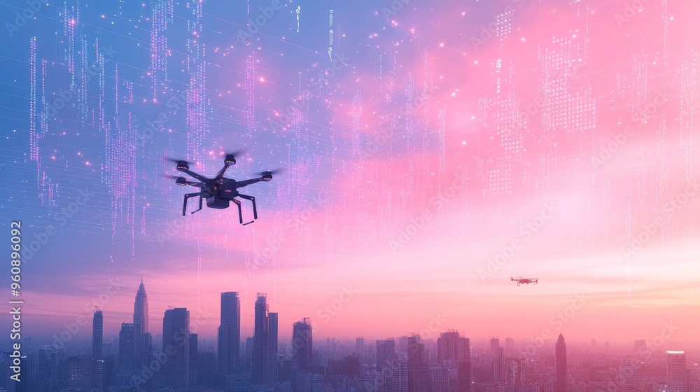 Poster a futuristic city skyline with ai drones analyzing big data in real-time