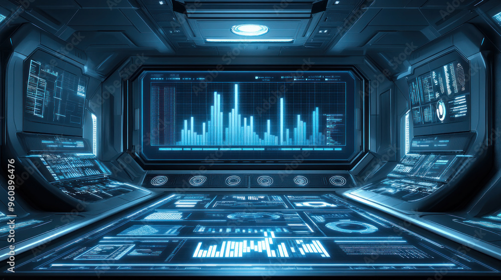 Poster a futuristic space station with a large monitor displaying a graph of data. the room is filled with 