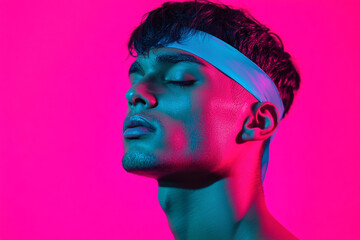 Bold Men in Neon Teal Headband with Solid Neon Pink Background Trendsetting Portrait