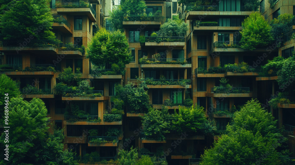 Poster a green building with many trees growing out of it. the building is very tall and has many windows