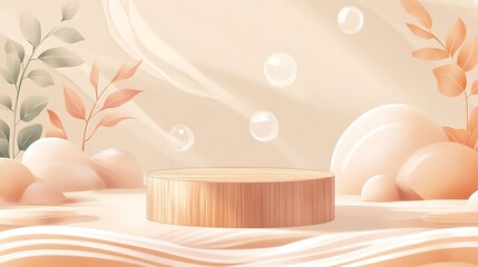 Fototapeta premium Beige Abstract Background with Wooden Platform and Floating Bubbles