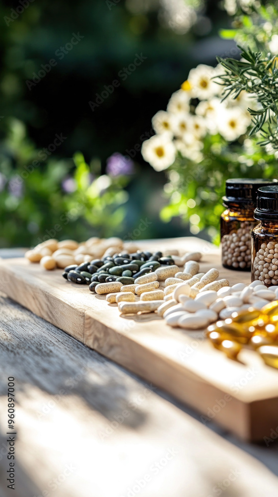 Poster a wooden board with a variety of nuts and seeds on it. the board is placed on a table in a garden se