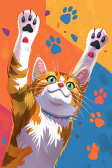 Fototapeta premium Playful Cat Reaching Up with Paw Prints on Bright Background
