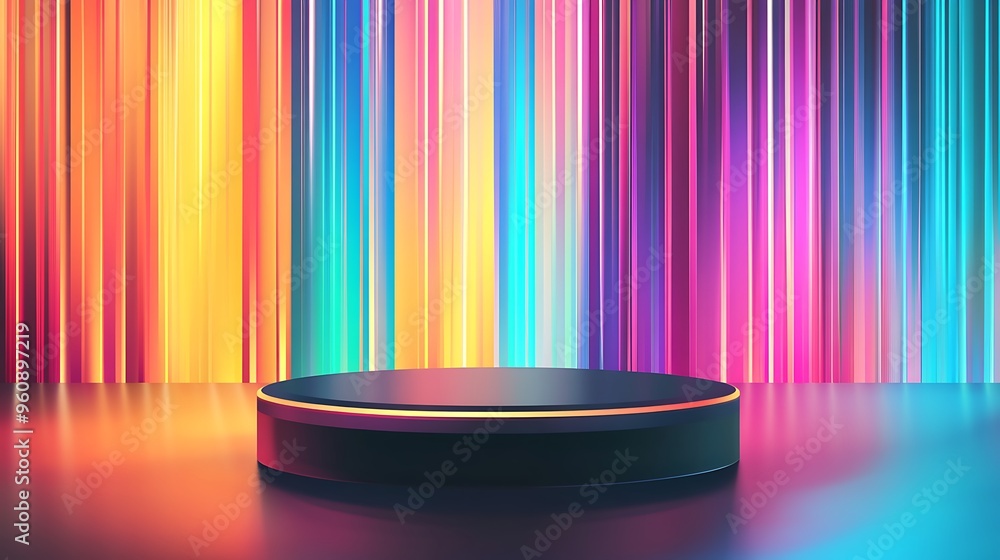 Poster Abstract Colorful Background with Black Podium and Neon Lights