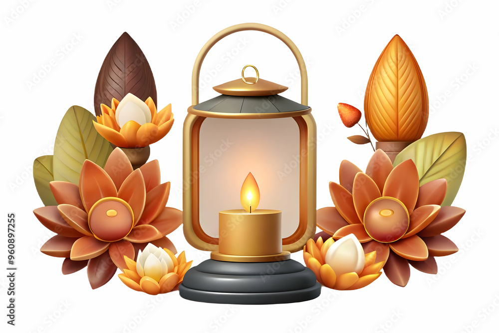 Poster flat lantern and lotus border frame with copy space: serene mid autumn blessings design with smart b