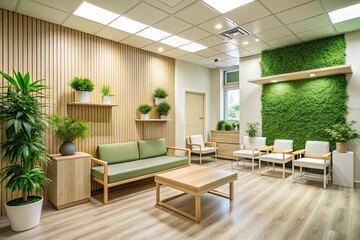 Fototapeta premium Eco-friendly medical clinic with recycled paper and natural materials used in furniture and decor amidst a calming green and beige color palette.