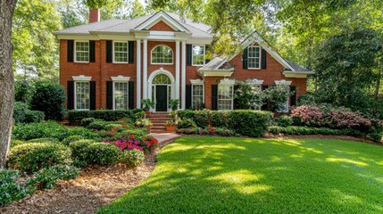 Naklejka premium Brick House with Green Lawn and Flowers