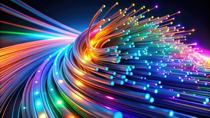 Vibrant abstract visualization of data transmission through sleek, glowing fiber optic cables, conveying speed, reliability, and seamless communication in a digital age.