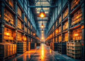 Fototapeta premium moody nighttime factory aisle towering crates dimly lit glowing lanterns orange